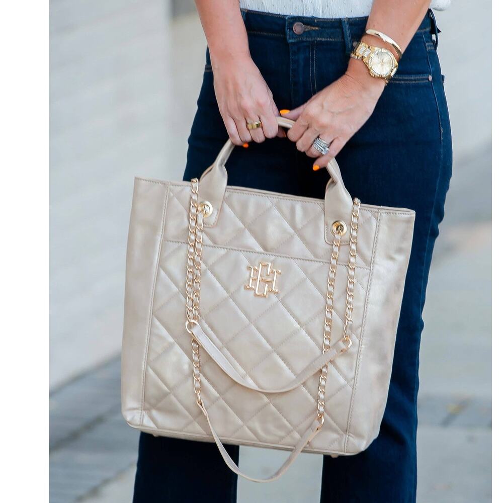 Kinzley Quilted Vegan Leather Tote – Gold Shimmer